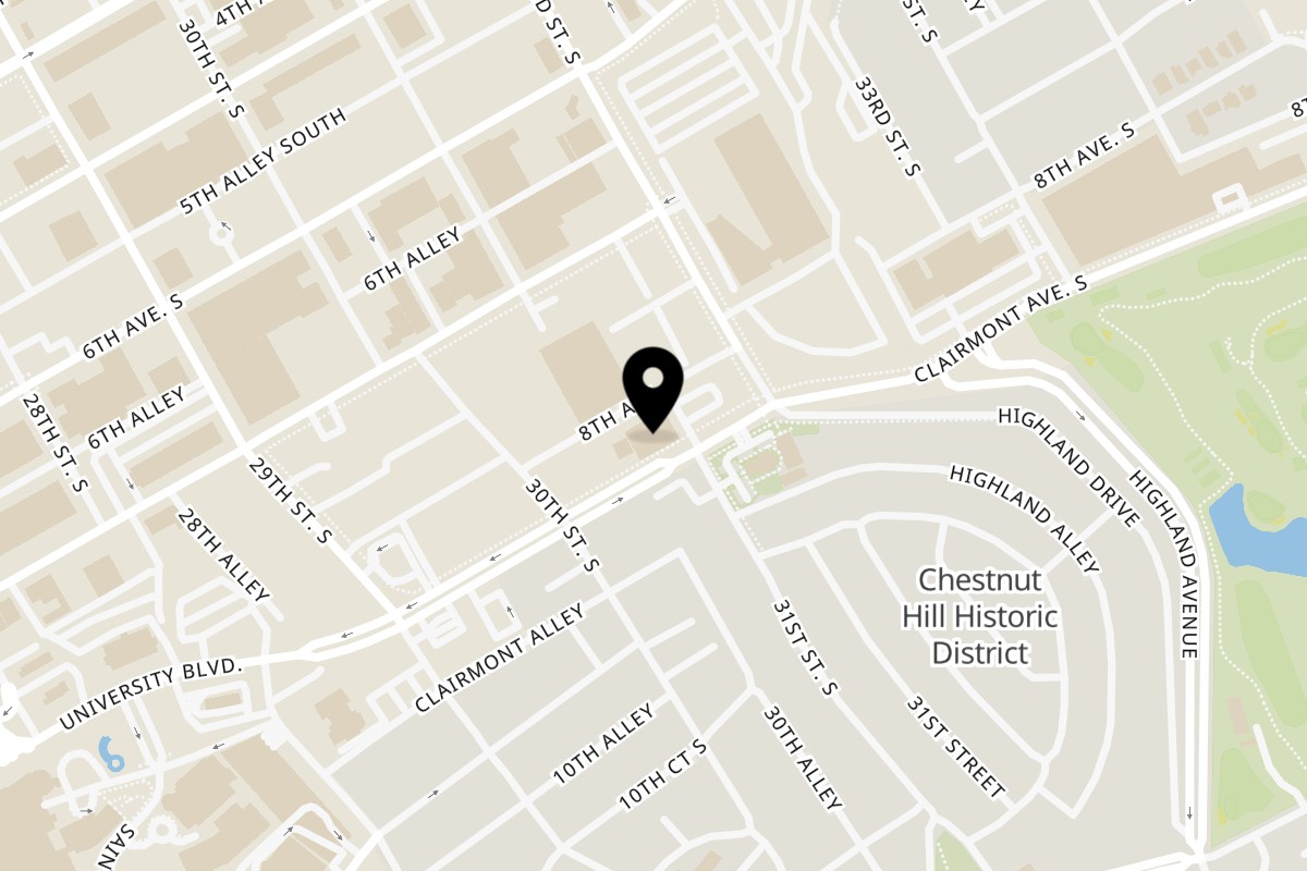 Map showing the location of Taj India on 3028 Clairmont Ave in Birmingham